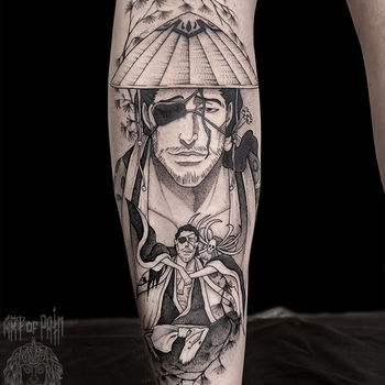 Татуировка мужская графика на голени самурай