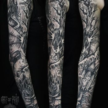 Татуировка женская black&grey тату-рукав летучая мышь, роза, фонарь