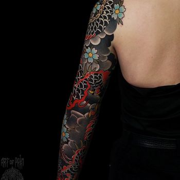 Татуировка женская япония тату-рукав дракон (вид сзади)