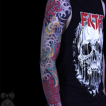 Татуировка мужская япония тату-рукав хризантемы и карп
