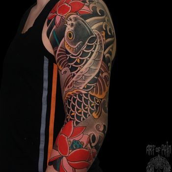 Татуировка мужская япония тату-рукав карп и лотос