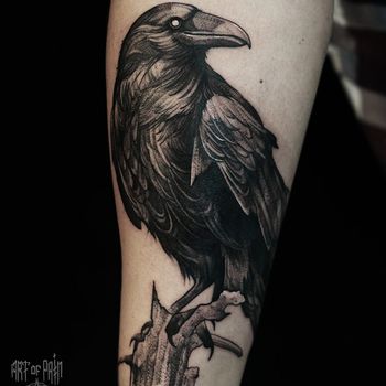 Татуировка мужская на предплечье ворон