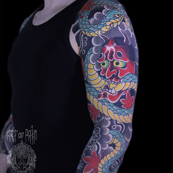 Татуировка мужская япония тату-рукав демон и змея