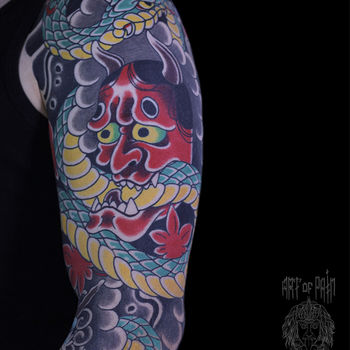 Татуировка мужская япония на плече демон и змея