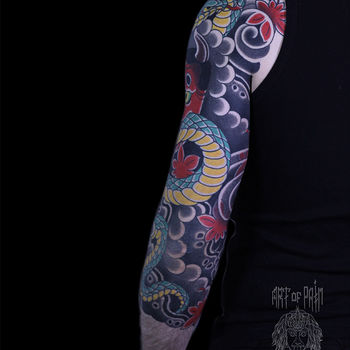Татуировка мужская япония тату-рукав демон и змея