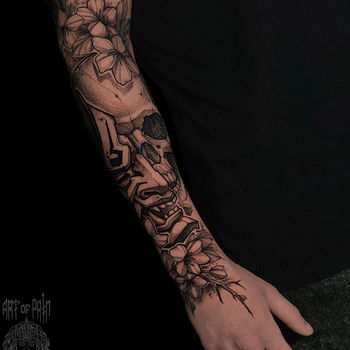 Татуировка мужская нео-япония на руке Хання и череп