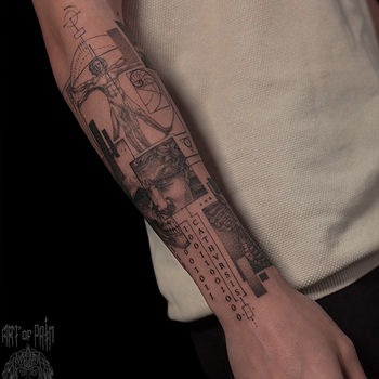 Татуировка мужская графика на предплечье человек Леонардо, Давид и череп