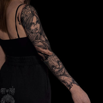 Татуировка женская нео-трад тату-рукав Алиса и Чеширский кот