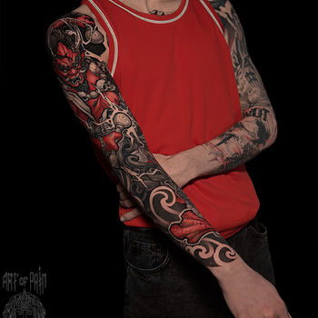 Татуировка мужская нео-япония тату-рукав Ондэко-мэн