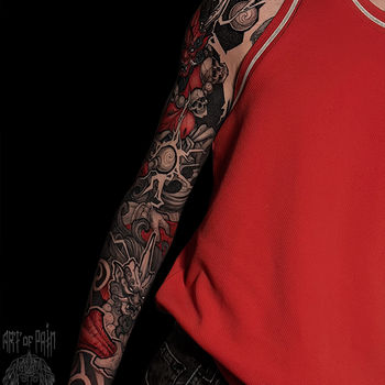 Татуировка мужская нео-япония тату-рукав Ондэко-мэн и демон