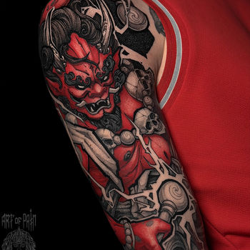 Татуировка мужская нео-япония на плече Ондэко-мэн