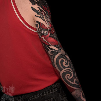 Татуировка мужская нео-япония тату-рукав Ондэко-мэн