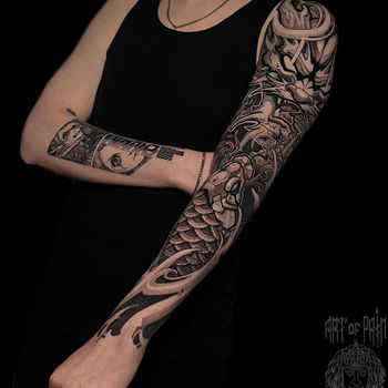 Татуировка мужская нео-япония тату-рукав дракон и карп