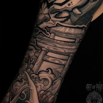Татуировка мужская нео-япония на руке ворота