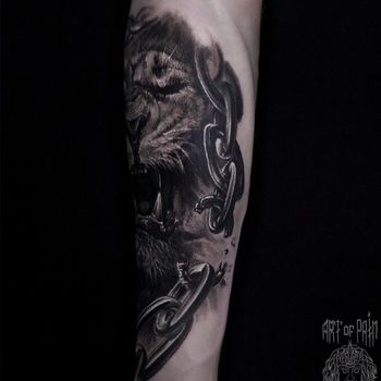 Татуировка мужская реализм на предплечье лев и разорванная цепь