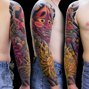 Татуировка мужская япония тату-рукав красная маска Ханья