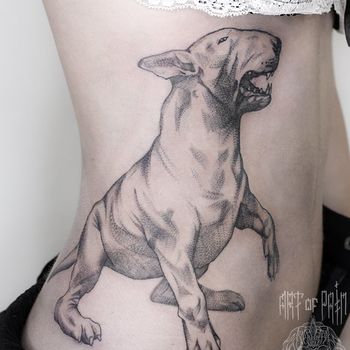 Татуировка женская графика на боку собака бультерьер