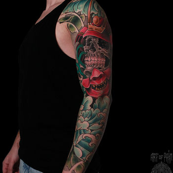 Татуировка мужская япония тату-рукав череп самурая и пион вид в полный рост