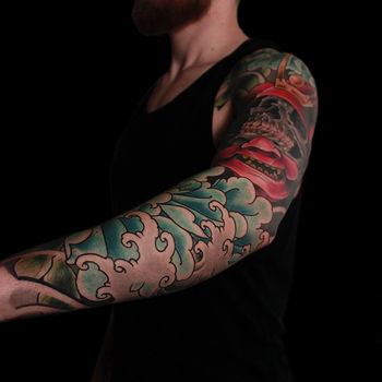 Татуировка мужская япония тату-рукав череп самурая и пион