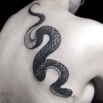 Татуировка женская графика на спине черная змея
