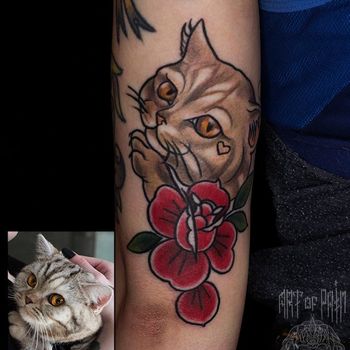 Татуировка женская олд скул на руке кошка
