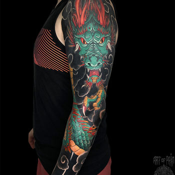 Татуировка мужская япония тату-рукав дракон (вид сбоку)