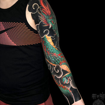Татуировка мужская япония тату-рукав дракон (внутренняя поверхность руки)