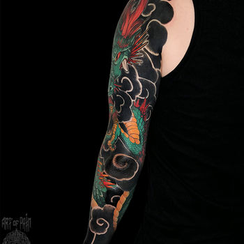 Татуировка мужская япония тату-рукав дракон (вид сзади)