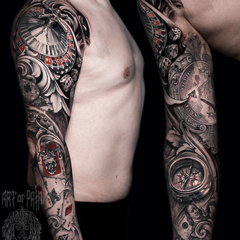 Татуировка мужская чикано тату-рукав рулетка, деньги, карты