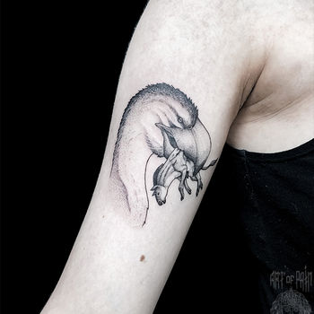 Татуировка женская графика на руке птица и осел