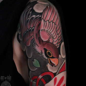 Татуировка мужская япония на плече птица