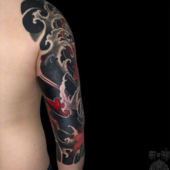 Татуировка мужская япония тату-рукав Дарума и краб (вид сзади)