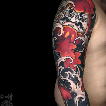 Татуировка мужская япония тату-рукав Дарума и краб (вид сбоку)