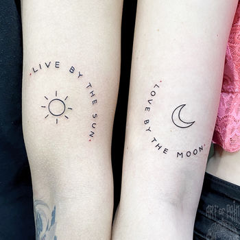 Татуировка парная графика на руке надпись, Луна, Солнце