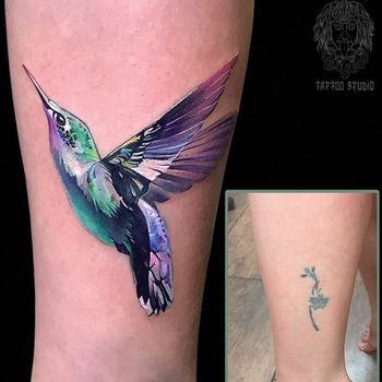 Татуировка женская реализм на голени колибри кавер