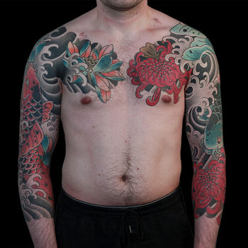 Татуировка мужская япония тату-рукава карпы и лотосы