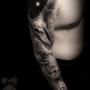Татуировка мужская хоррор тату-рукав череп