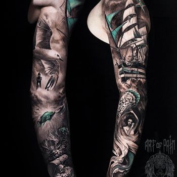 Татуировка мужская реализм тату-рукав корабль, русалка, сокровища, чайка, маяк