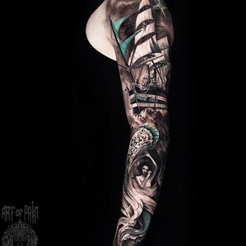 Татуировка мужская реализм тату-рукав корабль, русалка