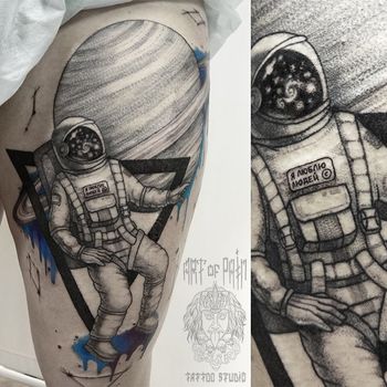 Татуировка мужская дотворк на бедре космонавт