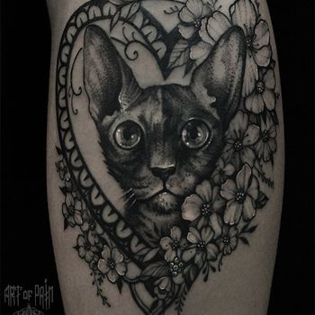 Татуировка женская black&grey на голени кот сфинкс