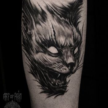 Татуировка мужская хоррор на голени кот