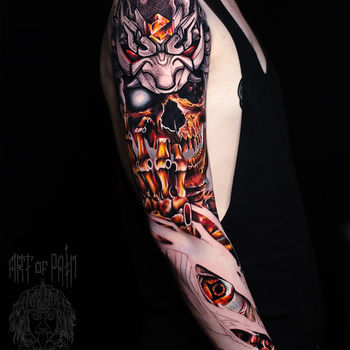 Татуировка мужская реализм и япония тату-рукав череп, скелет, маска, демон