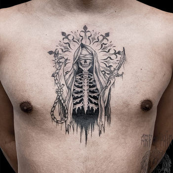 Татуировка мужская графика на груди скелет