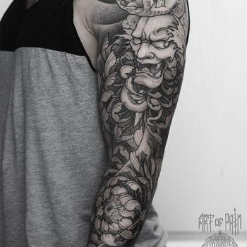 Татуировка мужская графика тату-рукав хризантемы, ханья, змея
