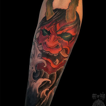 Татуировка мужская япония на предплечье красный демон