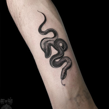 Татуировка мужская графика на предплечье черная змейка