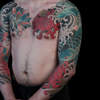 Татуировка мужская япония тату-рукава карпы и лотосы