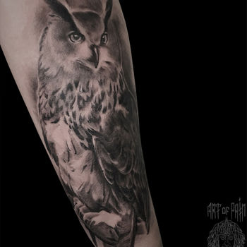 Татуировка мужская реализм на предплечье сова
