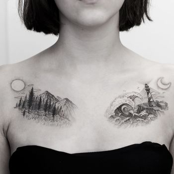 Татуировка женская графика на груди пейзаж